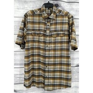 SWISS TECH SHORT SLEEVE BUTTON FRONT SHIRT Men's Size Medium BROWN PLAID‎